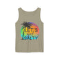 A tank top with a graphic design featuring a palm tree and a colorful sunset background, along with the text "LET'S GET SALTY".