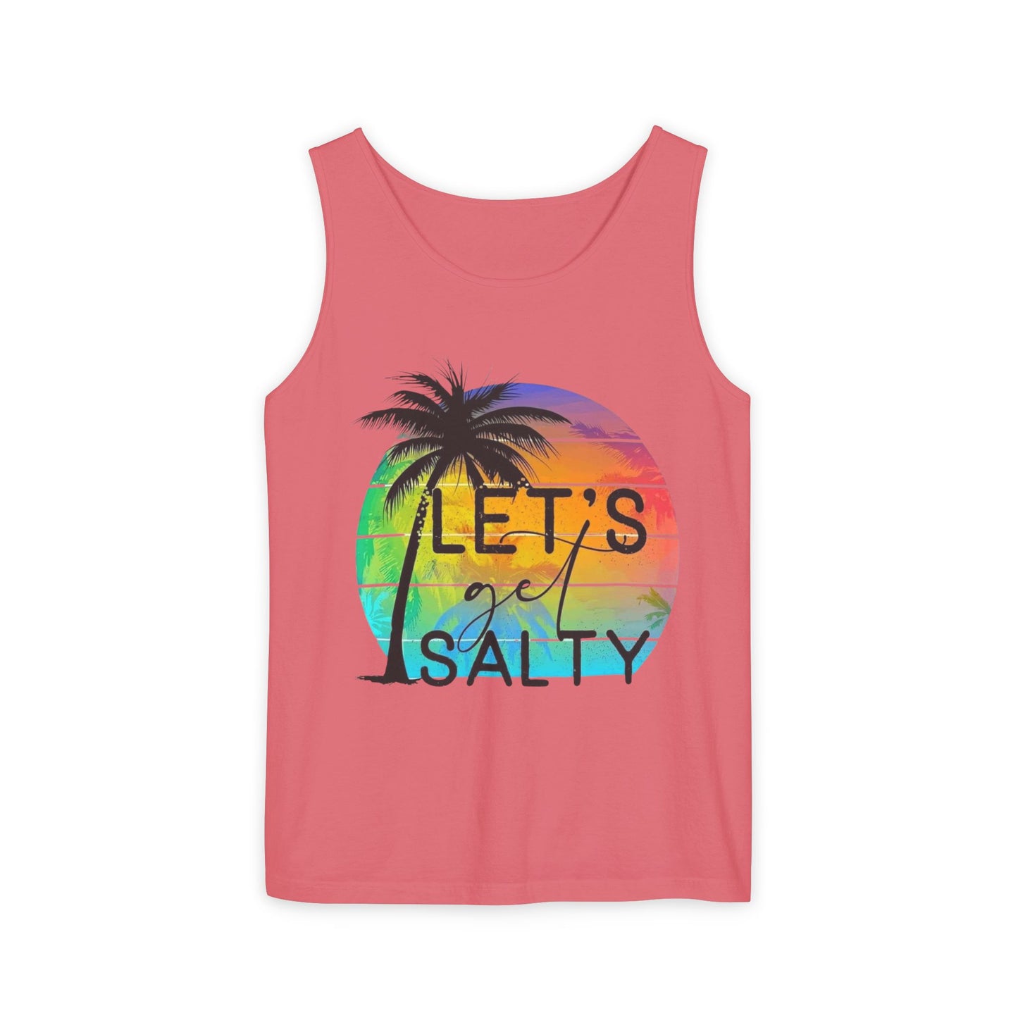 A pink tank top with a graphic design featuring a palm tree and a colorful sunset.