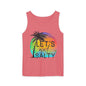 A pink tank top with a graphic design featuring a palm tree and a colorful sunset.