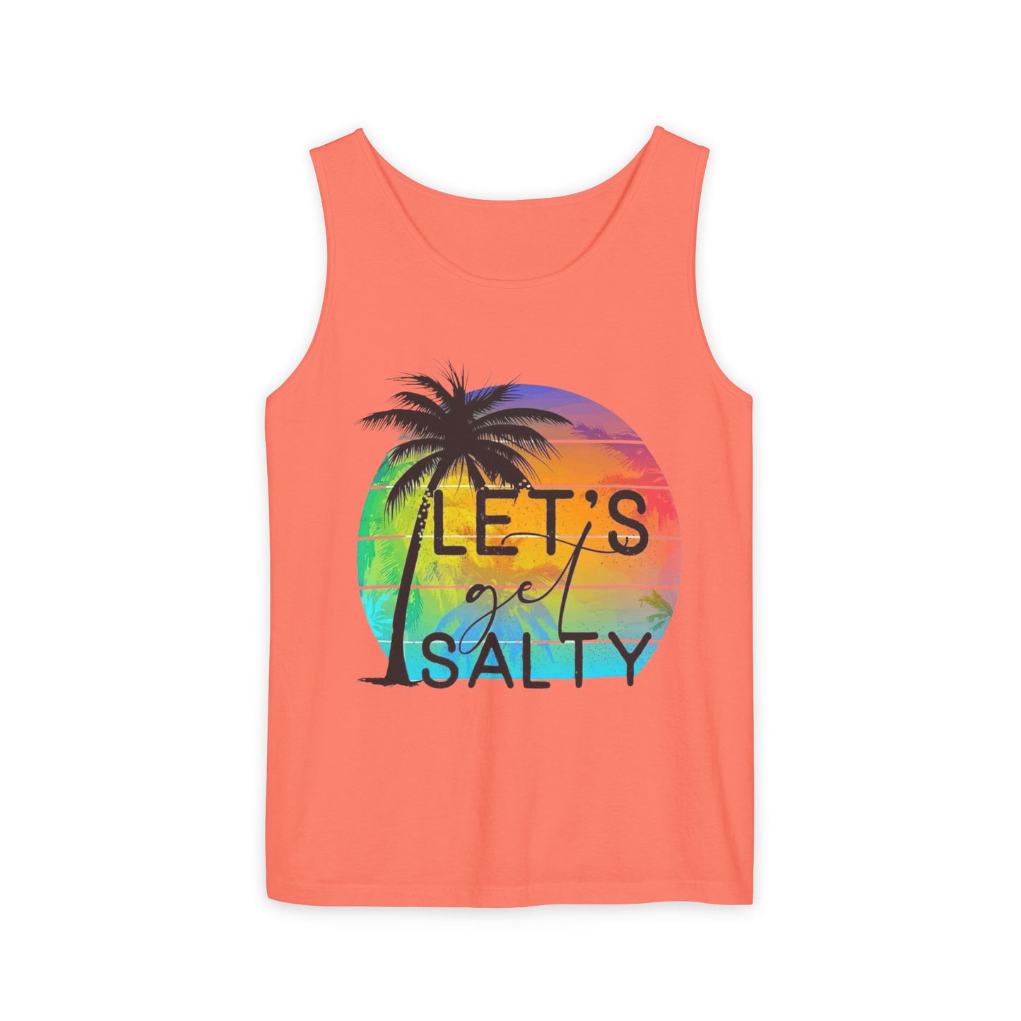 A bright orange tank top with a graphic design featuring a palm tree and a colorful sunset.