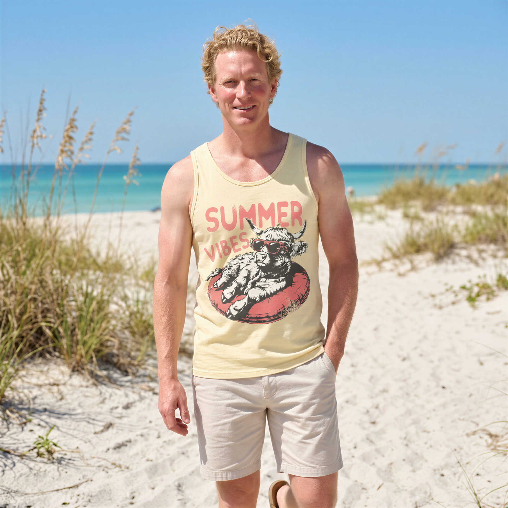 A man wearing a yellow tank top with a graphic of a cow and the text "Summer Vibes" is standing on a sandy beach with the ocean in the background.
