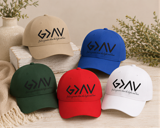 a collection of five baseball caps, each with a different color and design, arranged on a wooden surface.
