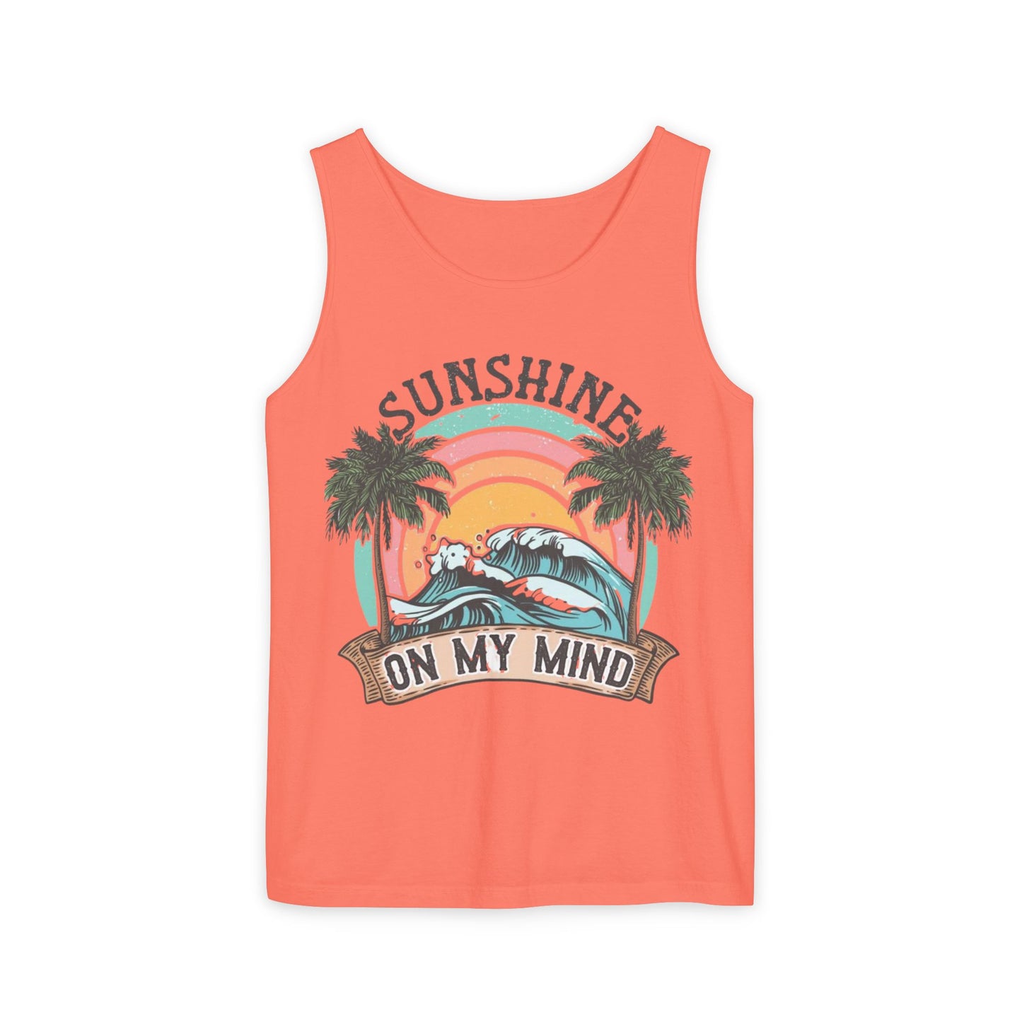 The image is a bright orange tank top with a graphic design featuring a sunset, palm trees, and the text "SUNSHINE ON MY MIND".