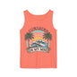 The image is a bright orange tank top with a graphic design featuring a sunset, palm trees, and the text "SUNSHINE ON MY MIND".
