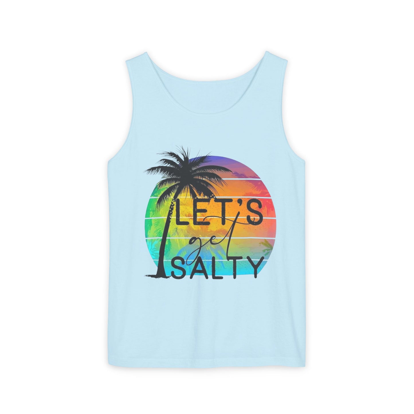 A light blue tank top with a graphic design featuring a palm tree and a rainbow-colored sun.