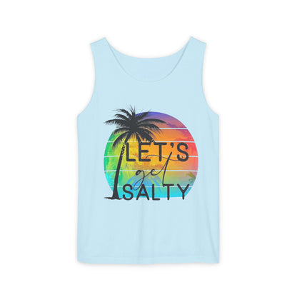 A light blue tank top with a graphic design featuring a palm tree and a rainbow-colored sun.