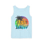 A light blue tank top with a graphic design featuring a palm tree and a rainbow-colored sun.