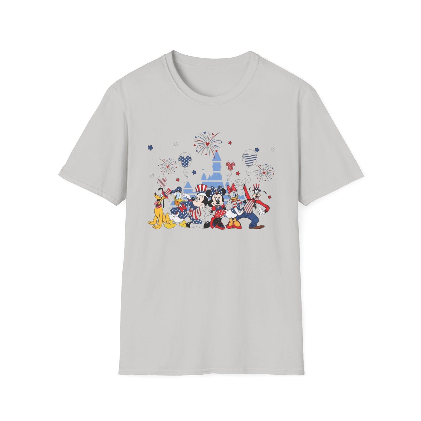 Patriotic Theme Park Characters Castle T-Shirt — Fireworks Celebration Tee