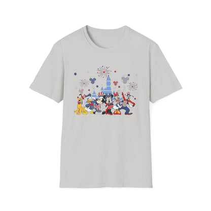 Patriotic Theme Park Characters Castle T-Shirt — Fireworks Celebration Tee