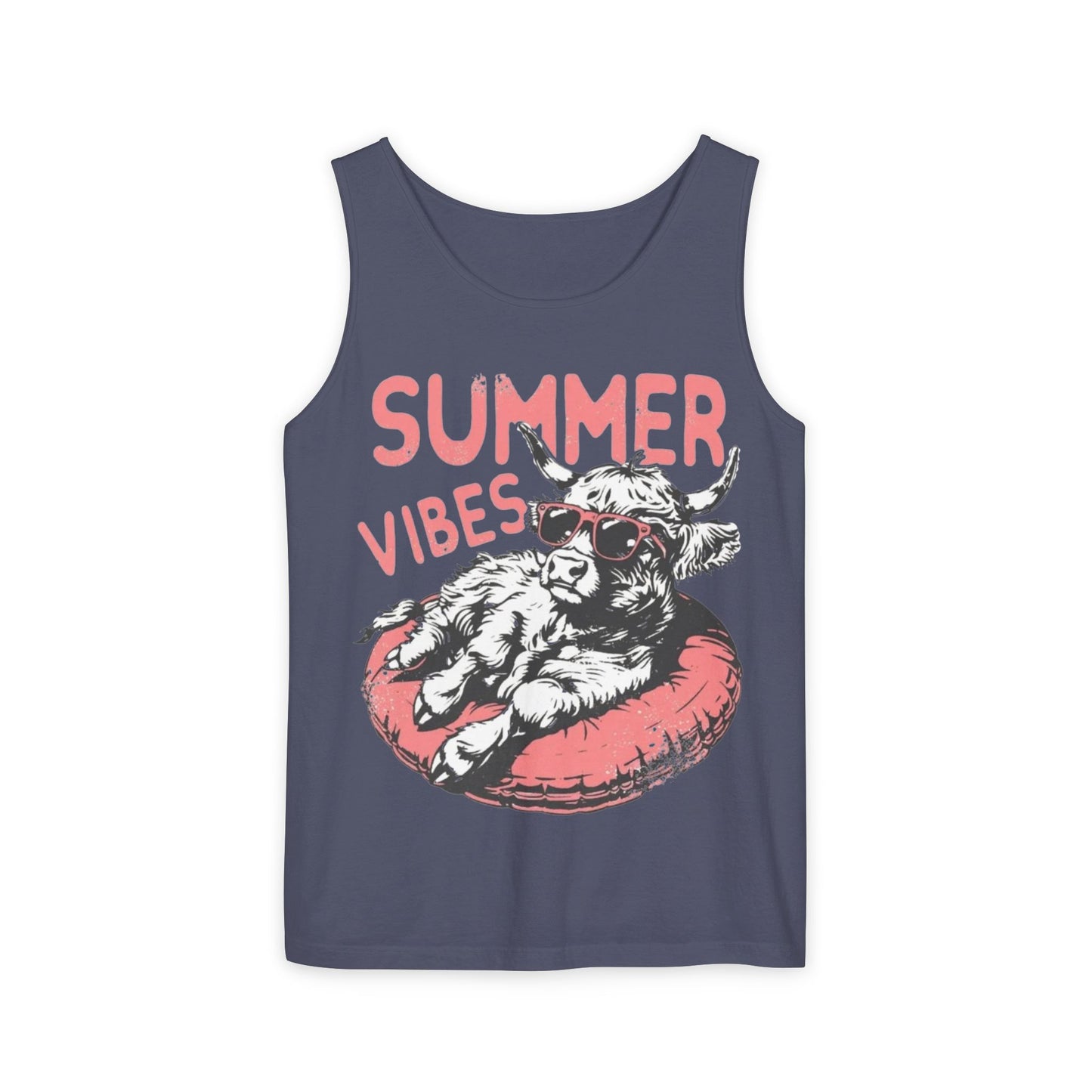 A graphic t-shirt design featuring a cow wearing sunglasses and lying on a red inner tube, with the text "SUMMER VIBES" above the image.