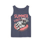 A graphic t-shirt design featuring a cow wearing sunglasses and lying on a red inner tube, with the text "SUMMER VIBES" above the image.
