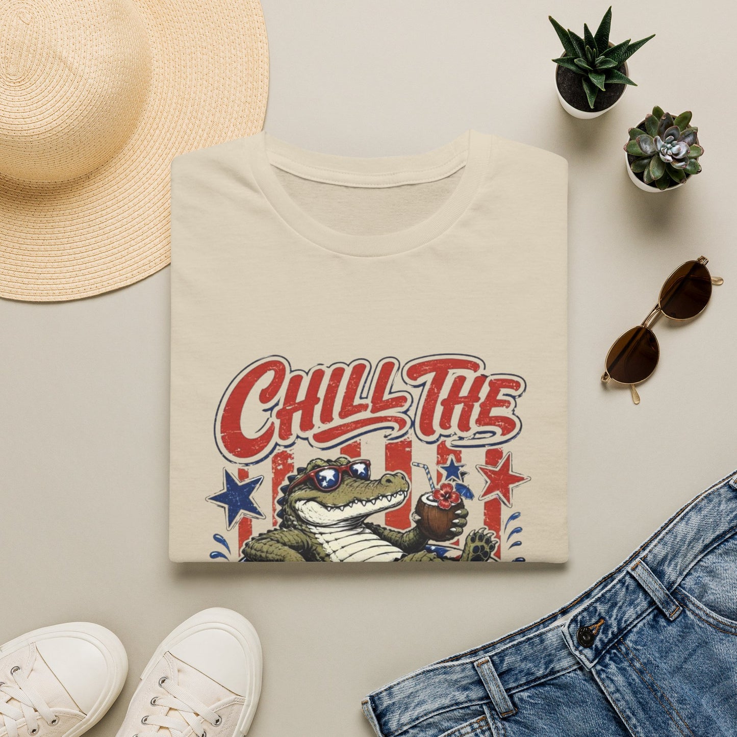 Chill The Fourth Out T‑Shirt — Retro Alligator Patriotic 4th of July Tee