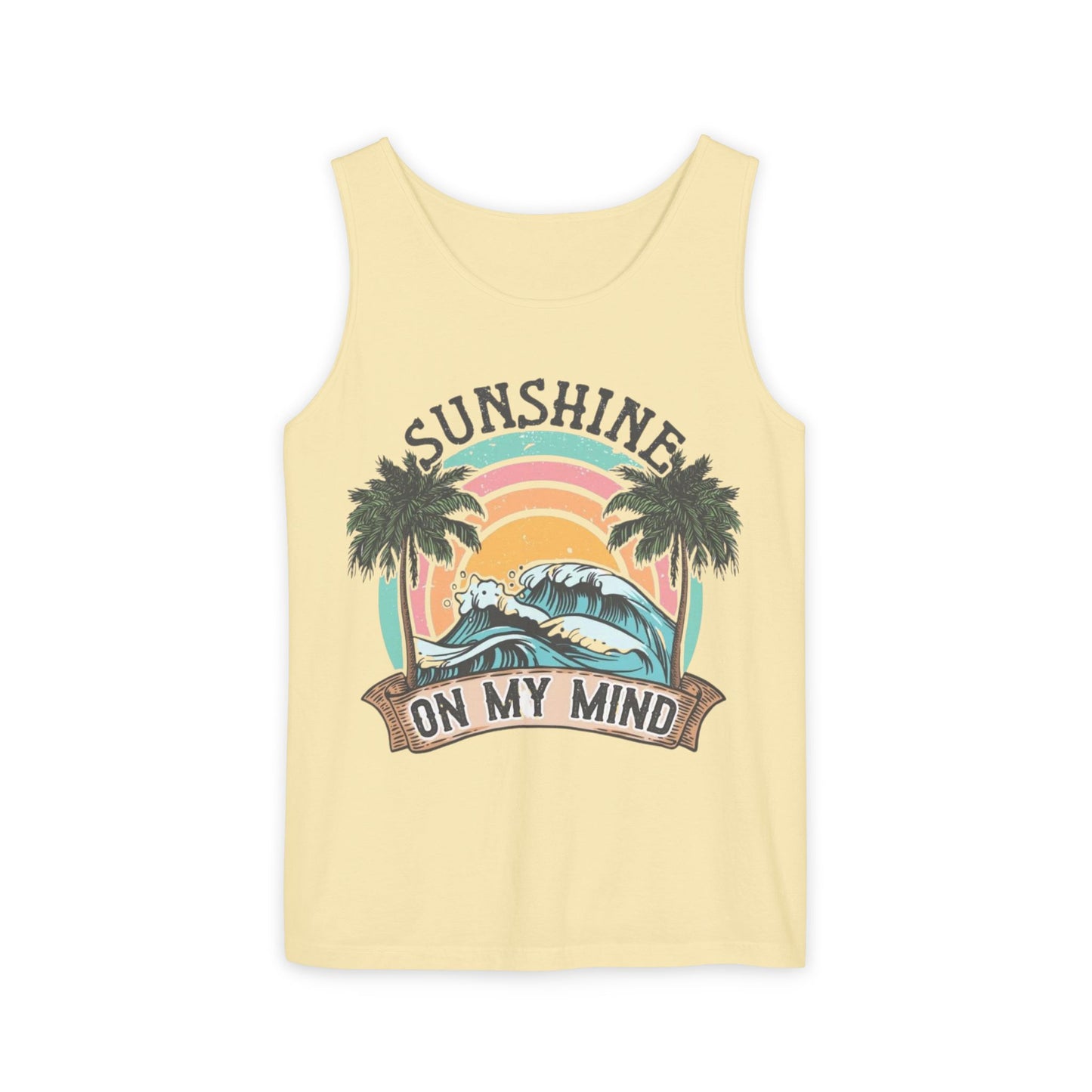 A yellow tank top with a graphic design featuring a sunset, palm trees, and the text "SUNSHINE ON MY MIND".