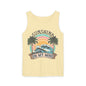 A yellow tank top with a graphic design featuring a sunset, palm trees, and the text "SUNSHINE ON MY MIND".