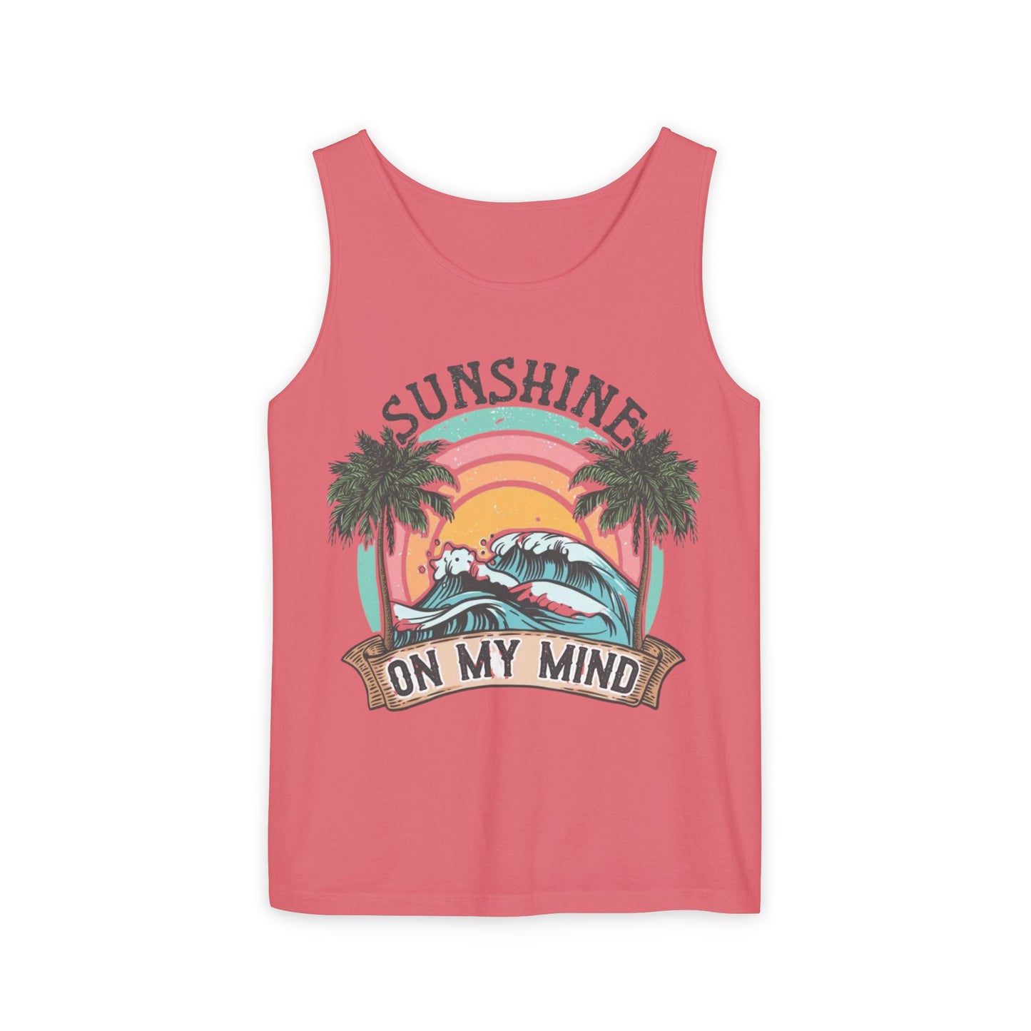 A pink tank top with a graphic design featuring a sunset, palm trees, and the text "SUNSHINE ON MY MIND".