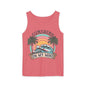 A pink tank top with a graphic design featuring a sunset, palm trees, and the text "SUNSHINE ON MY MIND".