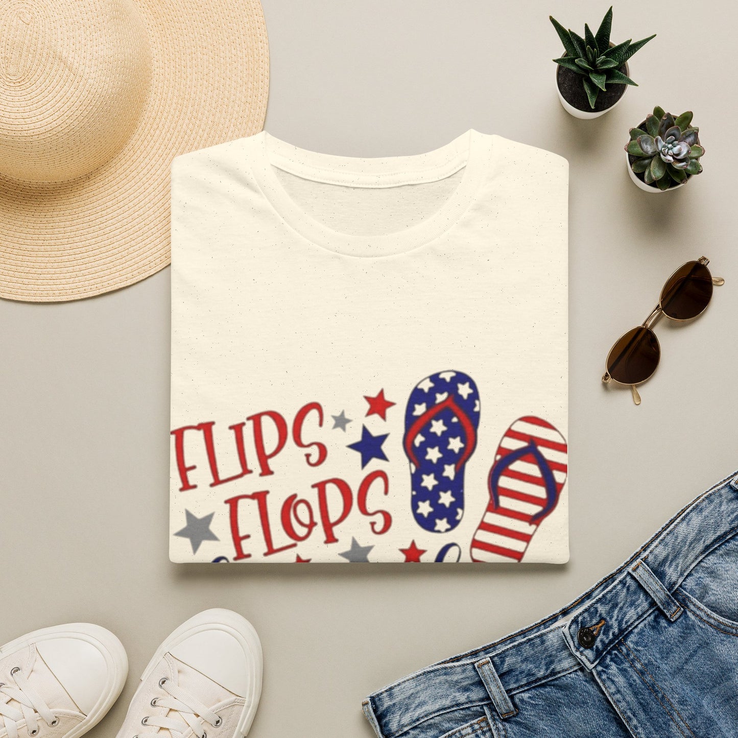 T-Shirt — "Flips Flops Fireworks & Freedom" Patriotic Fourth of July Tee