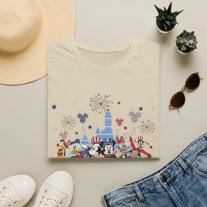 Patriotic Theme Park Characters Castle T-Shirt — Fireworks Celebration Tee