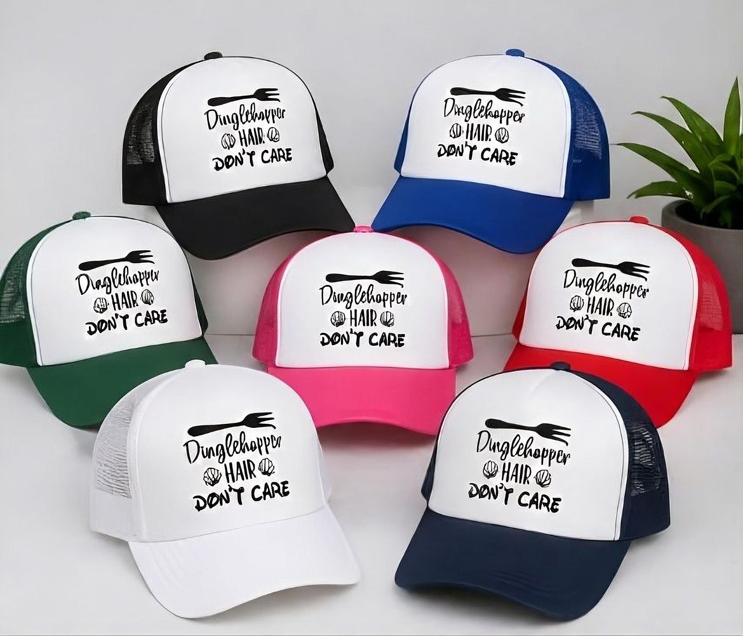 Dinglehopper Hair Don't Care Trucker style hat