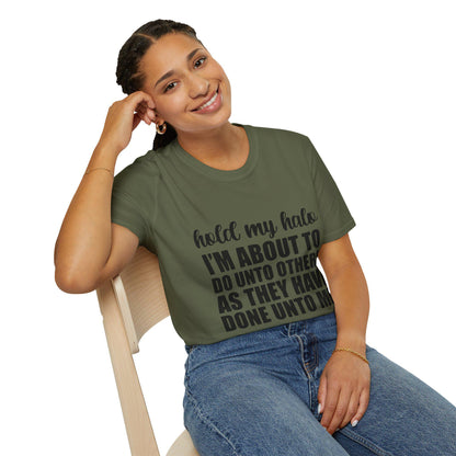 Funny Quote T-Shirt: Hold My Halo - Bold Black Text
