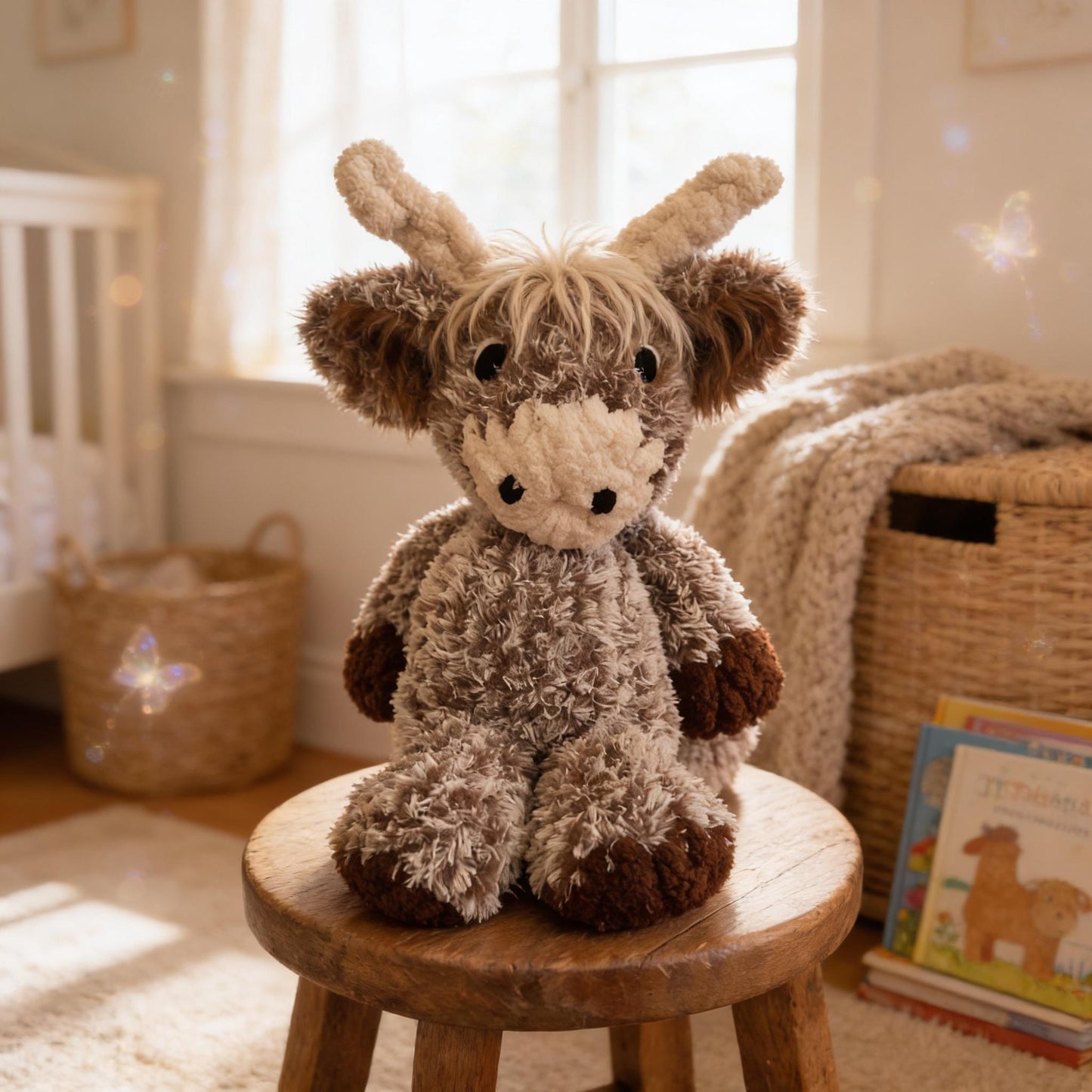 Handmade Knit Highland Cow Plush: Soft, Neutral Farm Toy