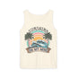 A white tank top with a graphic design featuring a sunset, palm trees, and the text "SUNSHINE ON MY MIND".