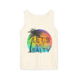 A white tank top with a graphic design featuring a palm tree and a rainbow-colored sun.