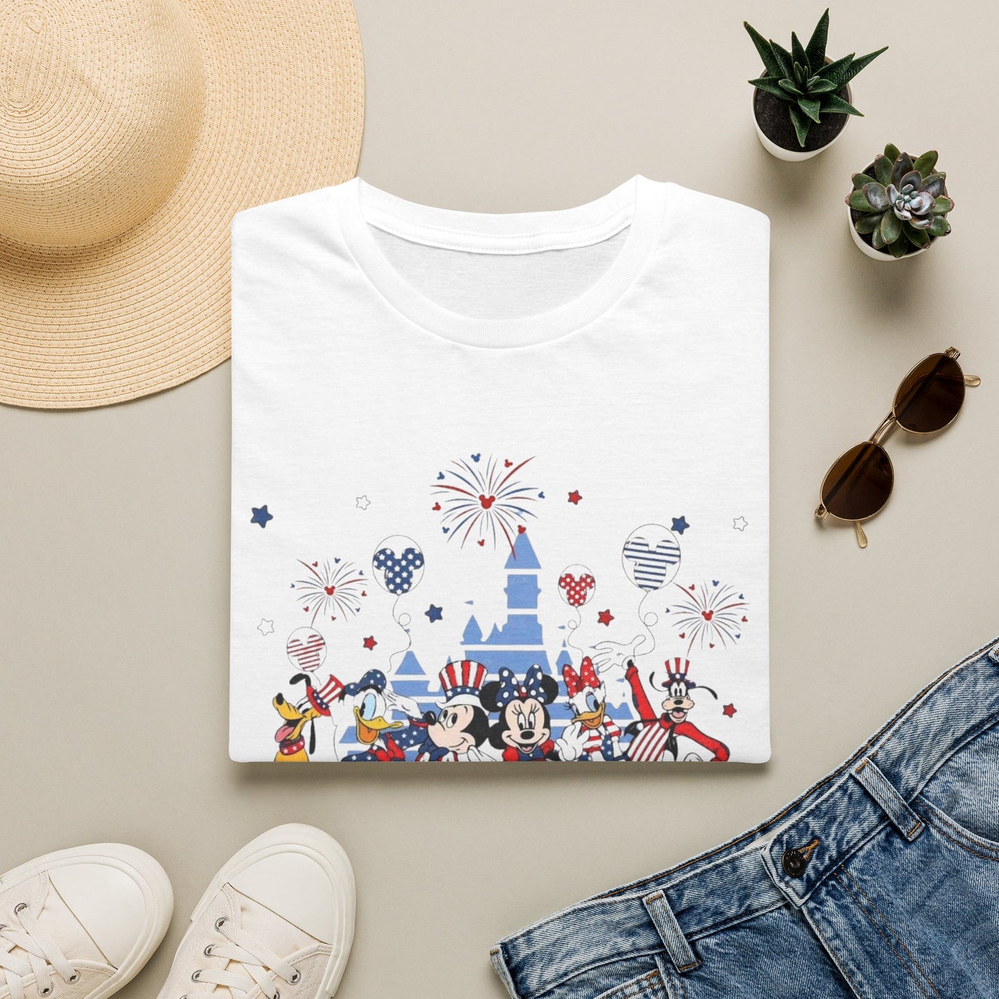 Patriotic Theme Park Characters Castle T-Shirt — Fireworks Celebration Tee