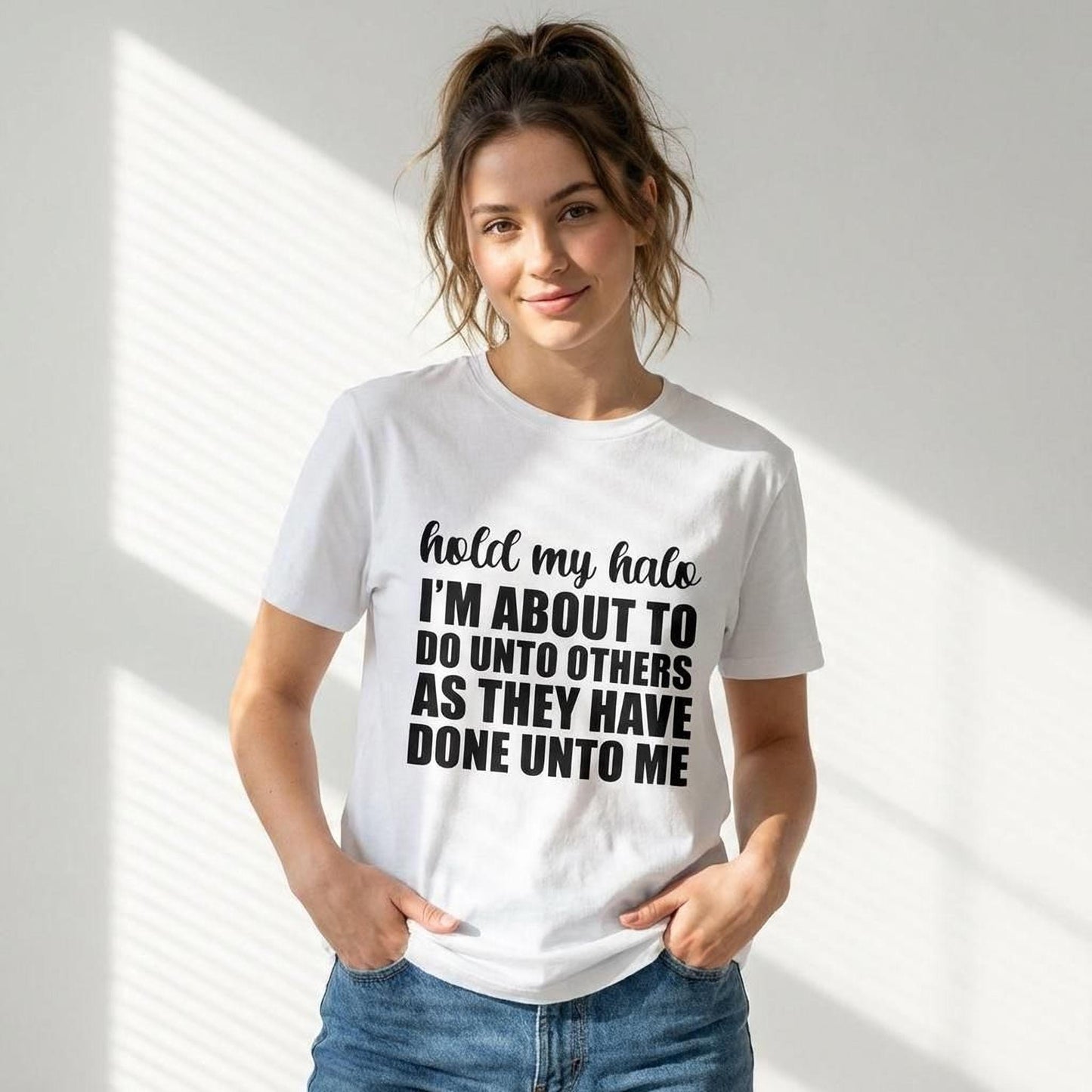 Funny Quote T-Shirt: Hold My Halo - Bold Black Text