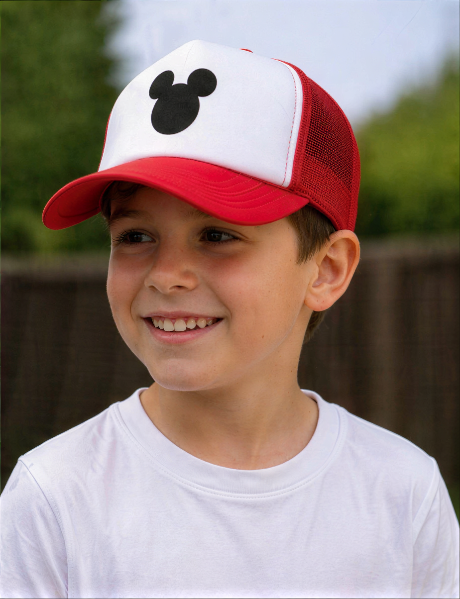 A young boy wearing a red and white baseball cap with a Mickey Mouse logo, smiling at the camera.