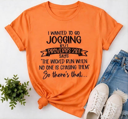 Proverbs 28:1 Jogging Quote Tee | Funny Christian Shirt