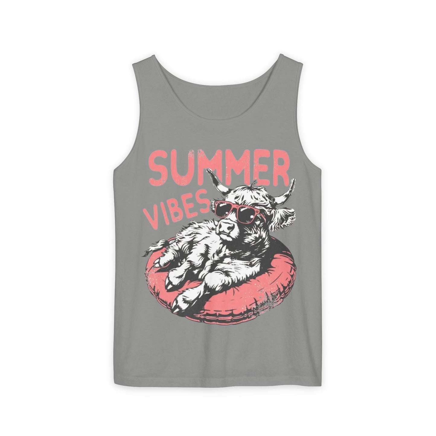 A gray tank top with a graphic design featuring a cow wearing sunglasses and resting on a red inner tube, with the text "SUMMER VIBES" above the image.