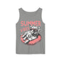 A gray tank top with a graphic design featuring a cow wearing sunglasses and resting on a red inner tube, with the text "SUMMER VIBES" above the image.