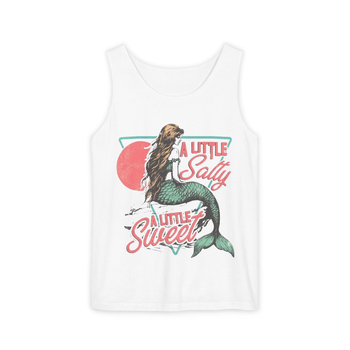 A white tank top with a graphic design featuring a mermaid with long hair and a green tail, along with the text "A little salty sweet" in a stylized font.
