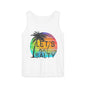 A white tank top with a graphic design featuring a palm tree and a rainbow-colored sun.