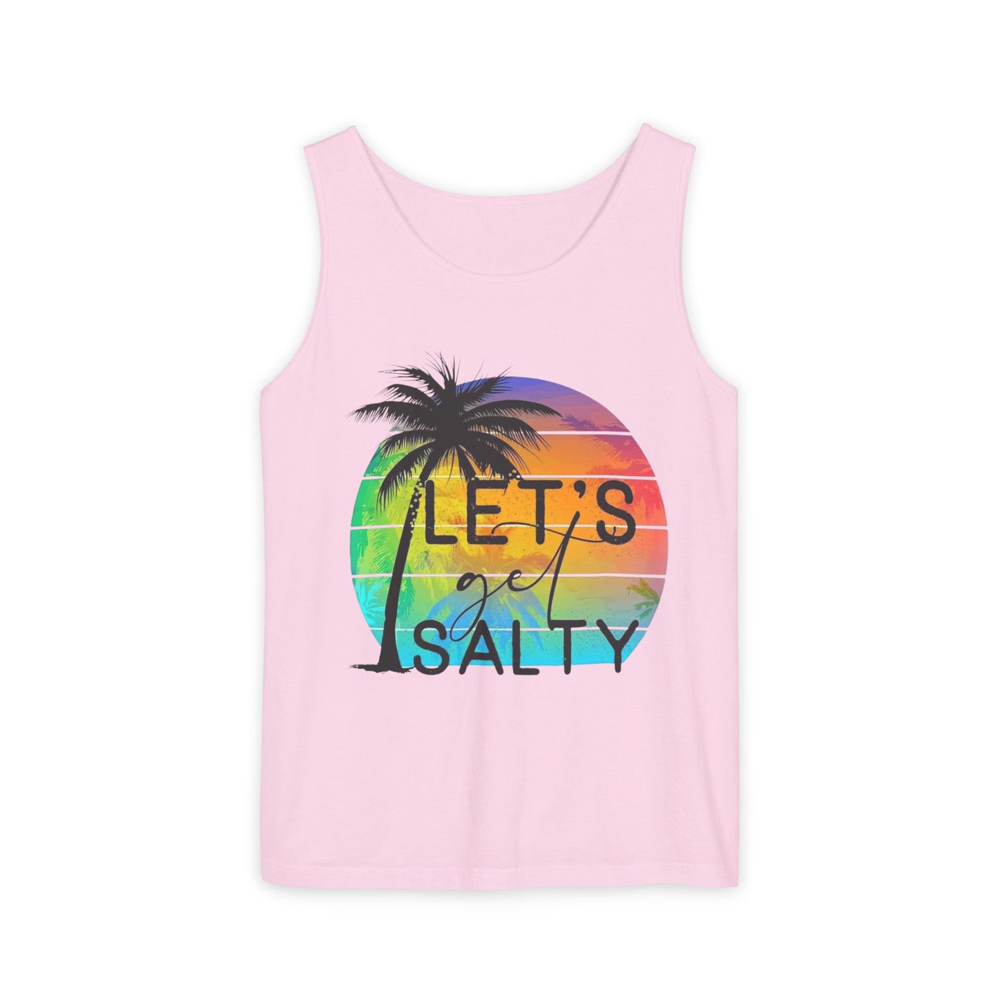 A pink tank top with a graphic design featuring a palm tree and a rainbow-colored sun.