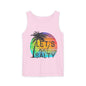 A pink tank top with a graphic design featuring a palm tree and a rainbow-colored sun.