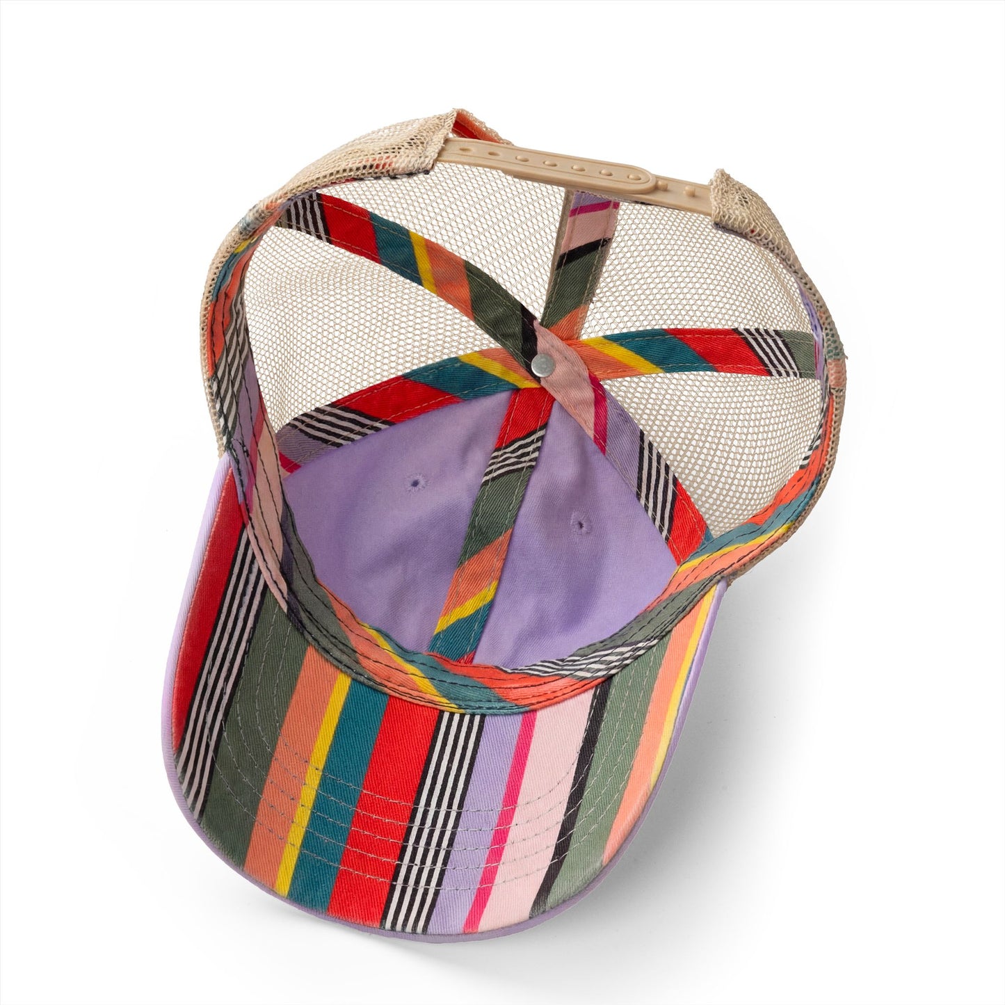 A colorful baseball cap with a mesh back and a beige strap.