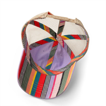 A colorful baseball cap with a mesh back and a beige strap.