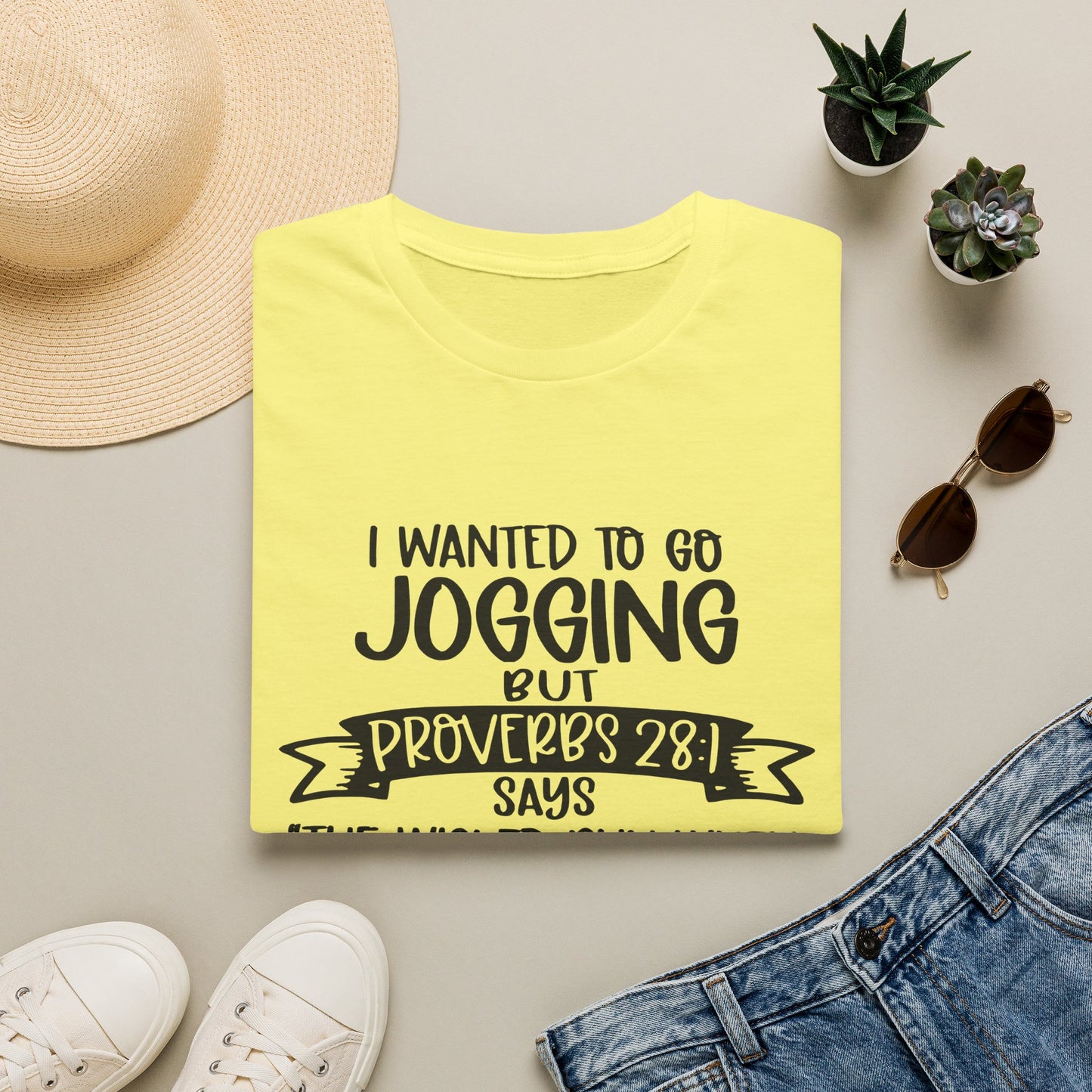 a yellow t-shirt with a humorous text, a pair of sunglasses, a hat, a pair of sneakers, and some potted plants.