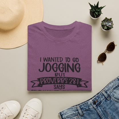 a purple t-shirt with a humorous text, a pair of jeans, sunglasses, a hat, and some potted plants arranged on a flat surface.