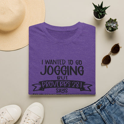 a purple t-shirt with a humorous text, a pair of jeans, sunglasses, a hat, and some potted plants arranged on a flat surface.