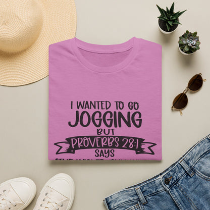 a pink t-shirt with a humorous text, a pair of jeans, sunglasses, a hat, and some potted plants arranged on a flat surface.
