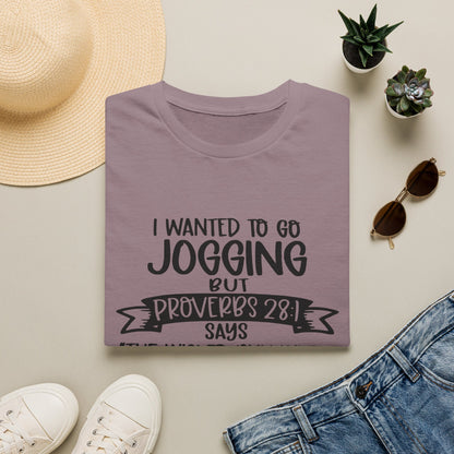 a purple t-shirt with a humorous text, a pair of jeans, sunglasses, a hat, and some potted plants arranged on a flat surface.