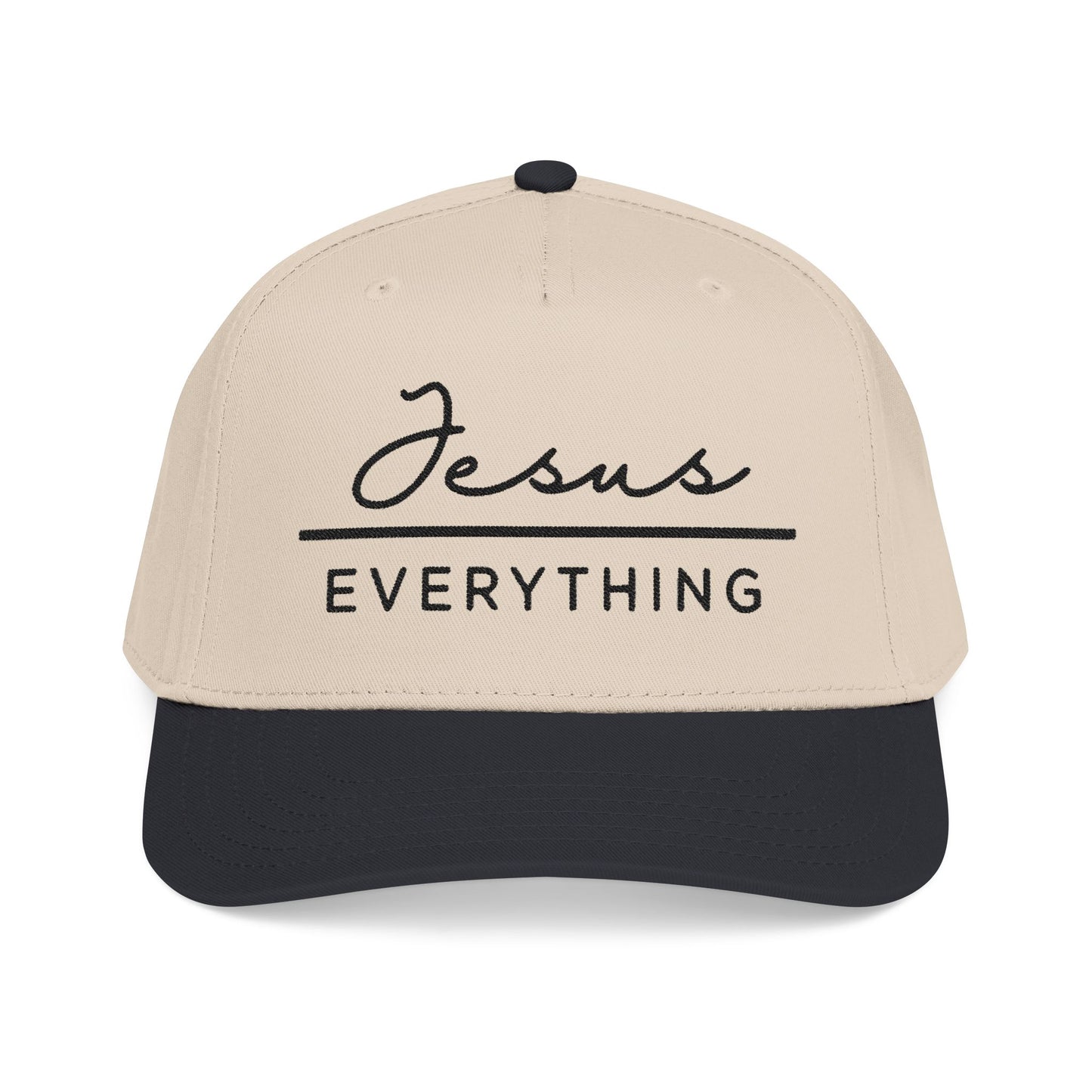 A beige baseball cap with the text "Jesus Everything" printed on it in black.