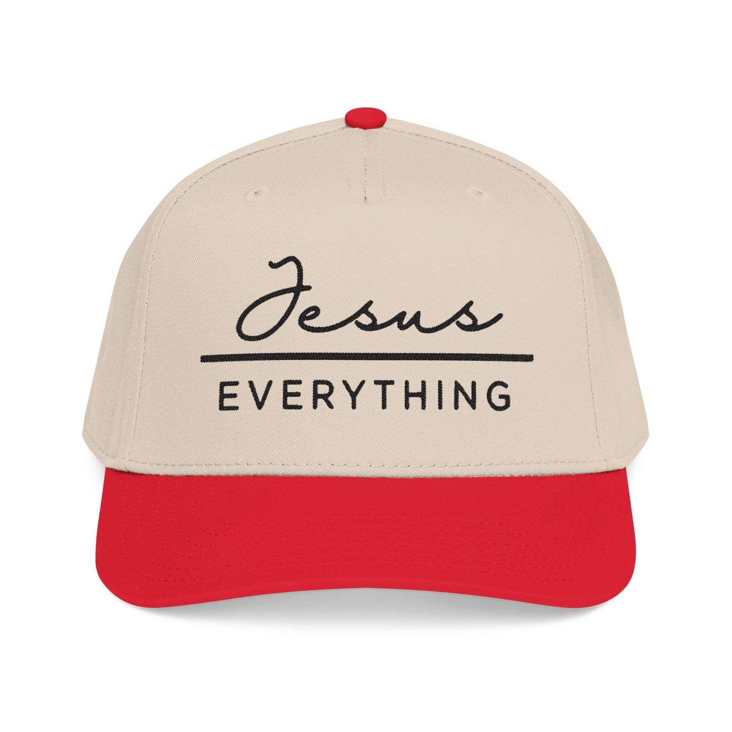 A beige baseball cap with a red brim, featuring the text "Jesus Everything" printed on it.
