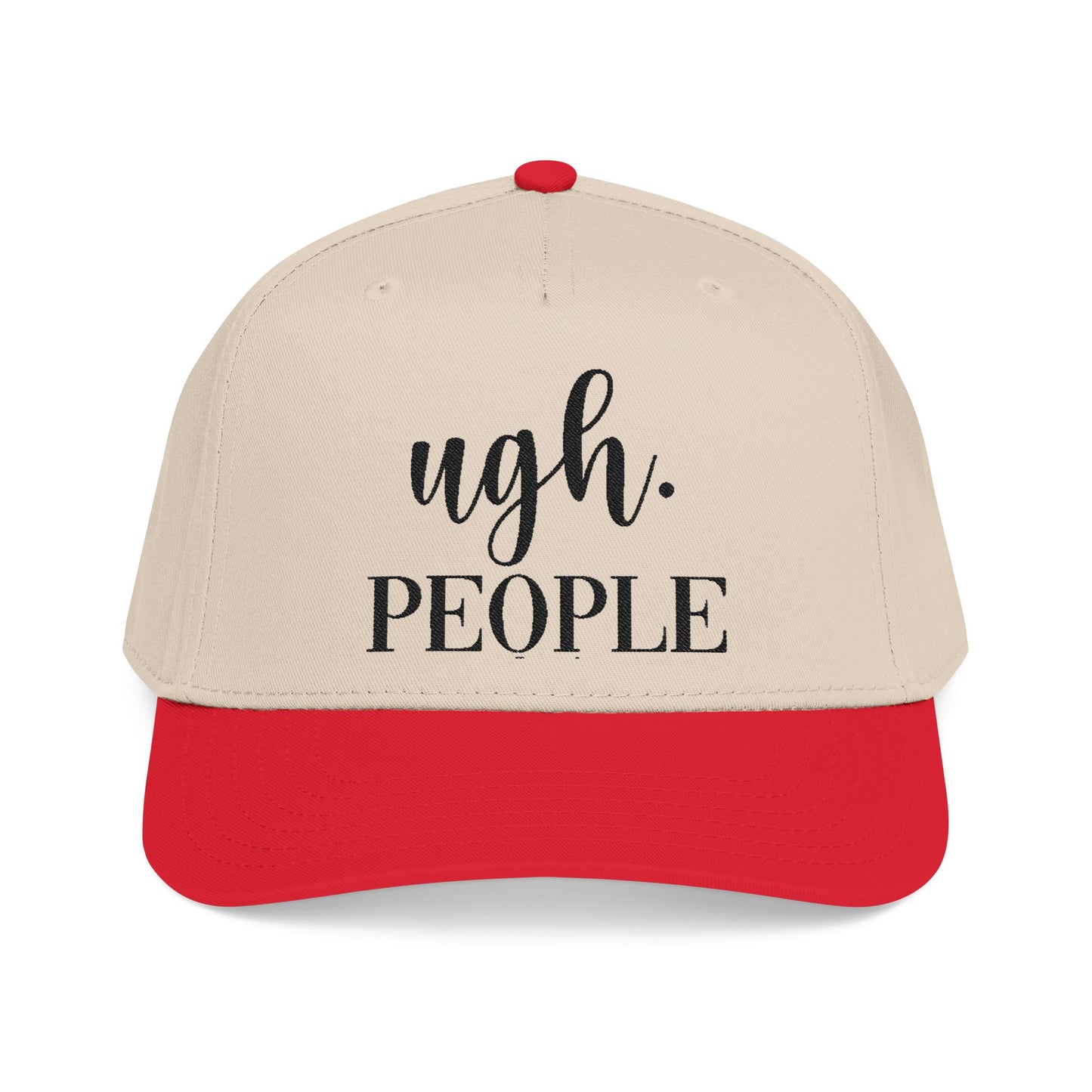 A beige baseball cap with a red brim, featuring the text "ugh. PEOPLE" printed on it.