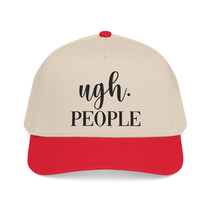 A beige baseball cap with a red brim, featuring the text "ugh. PEOPLE" printed on it.