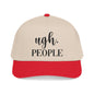 A beige baseball cap with a red brim, featuring the text "ugh. PEOPLE" printed on it.