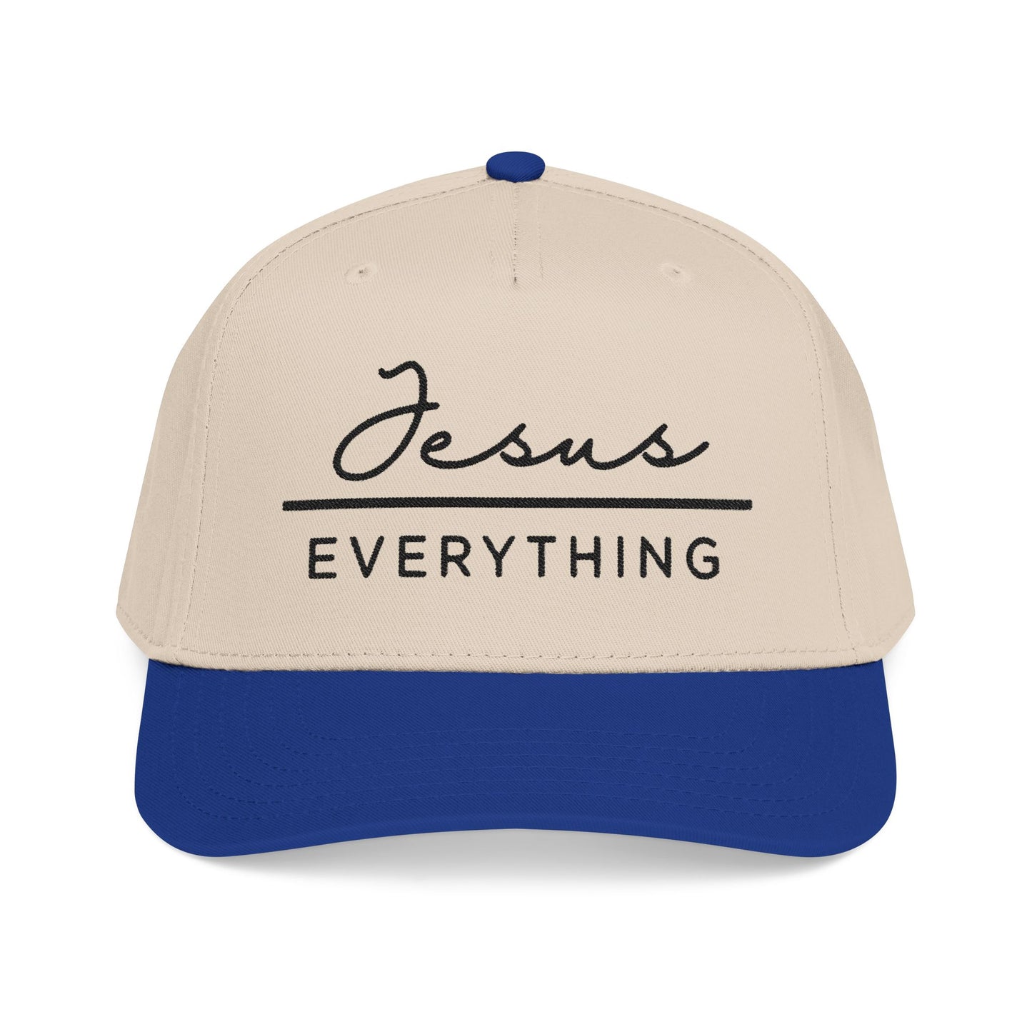 A beige baseball cap with a blue brim, featuring the text "Jesus Everything" printed on it.